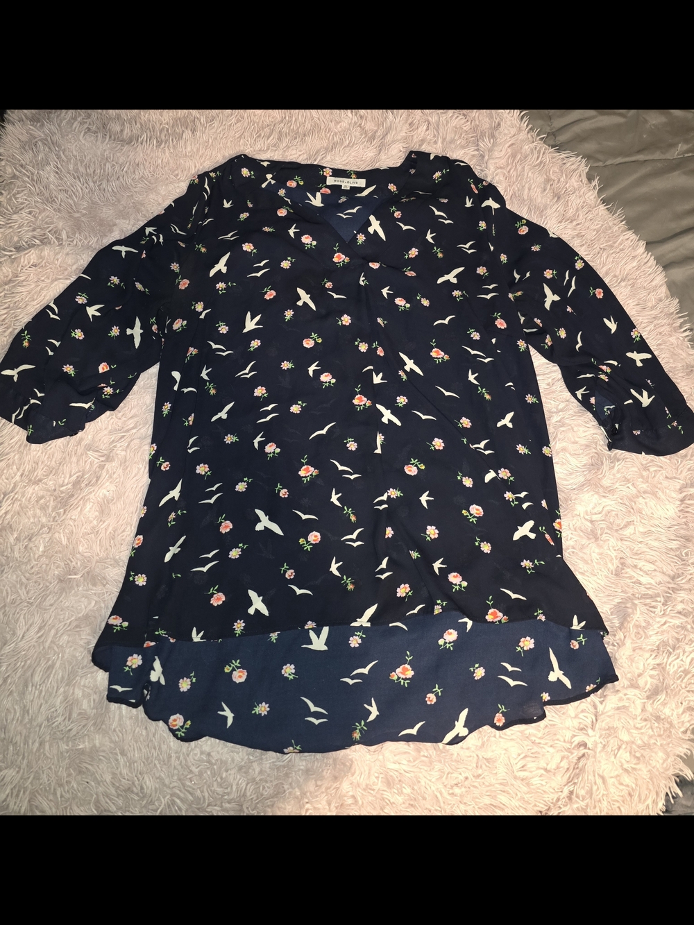 Rose & Olive Navy Floral and Bird Print Top